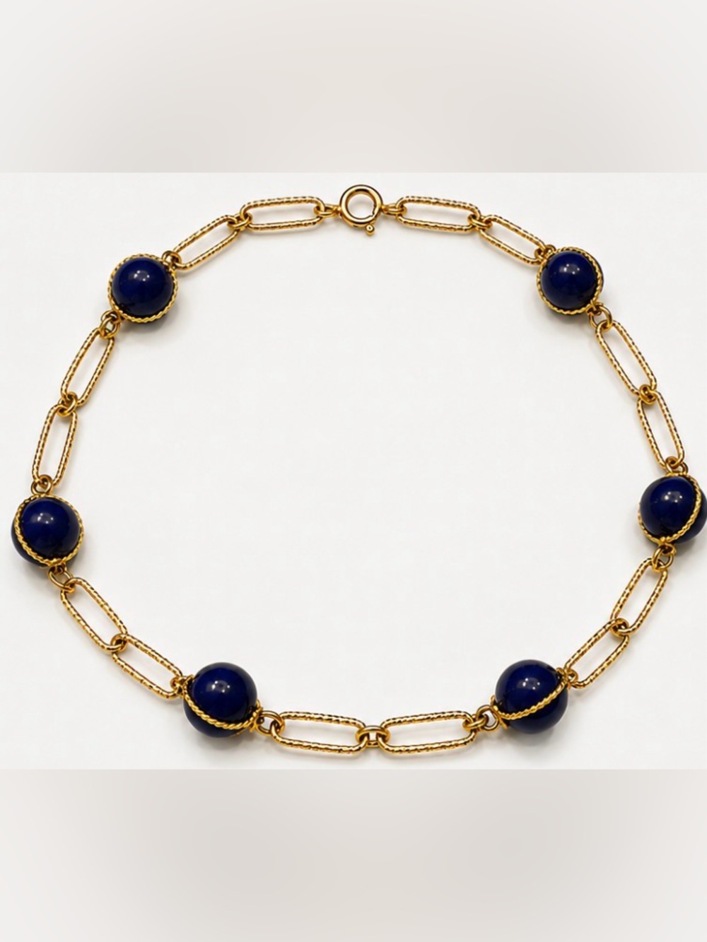 Navy Blue Bead Gold Tone Link Choker Necklace